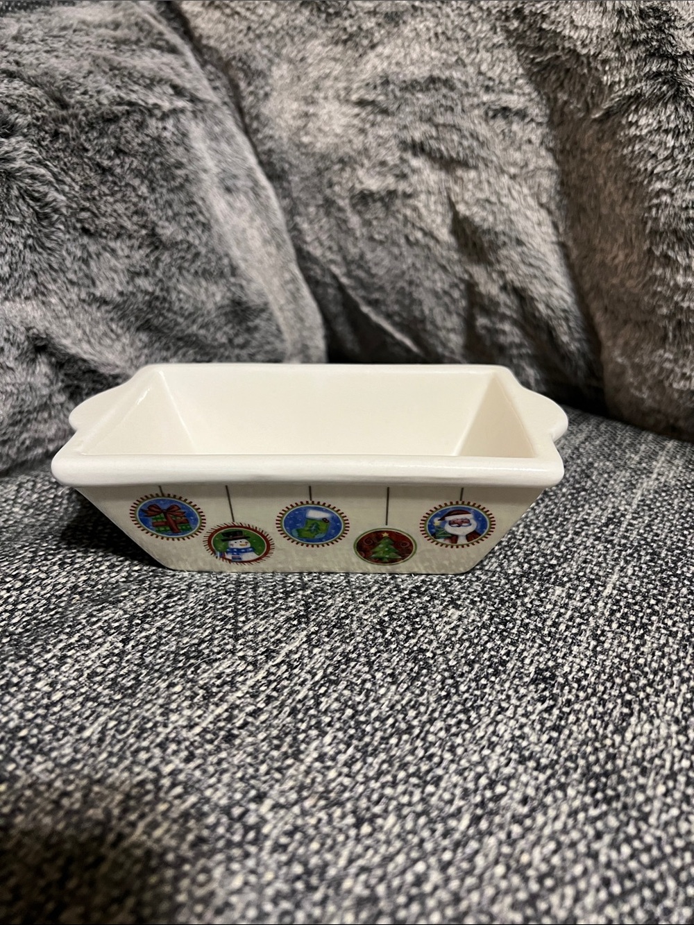 Cream Holiday Ceramic Loaf Dish with Festive Ornament Motif